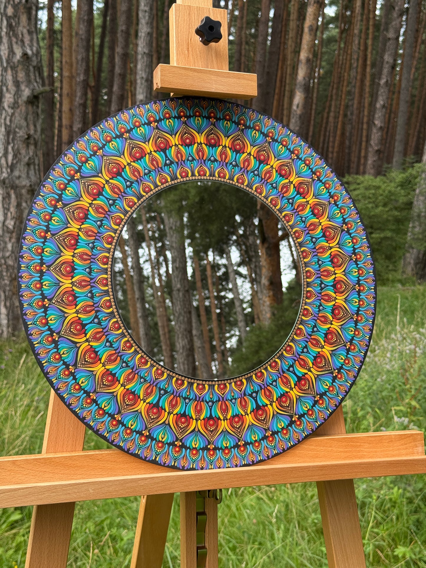Prism of joy | Hand-Painted Mandala with Central Mirror