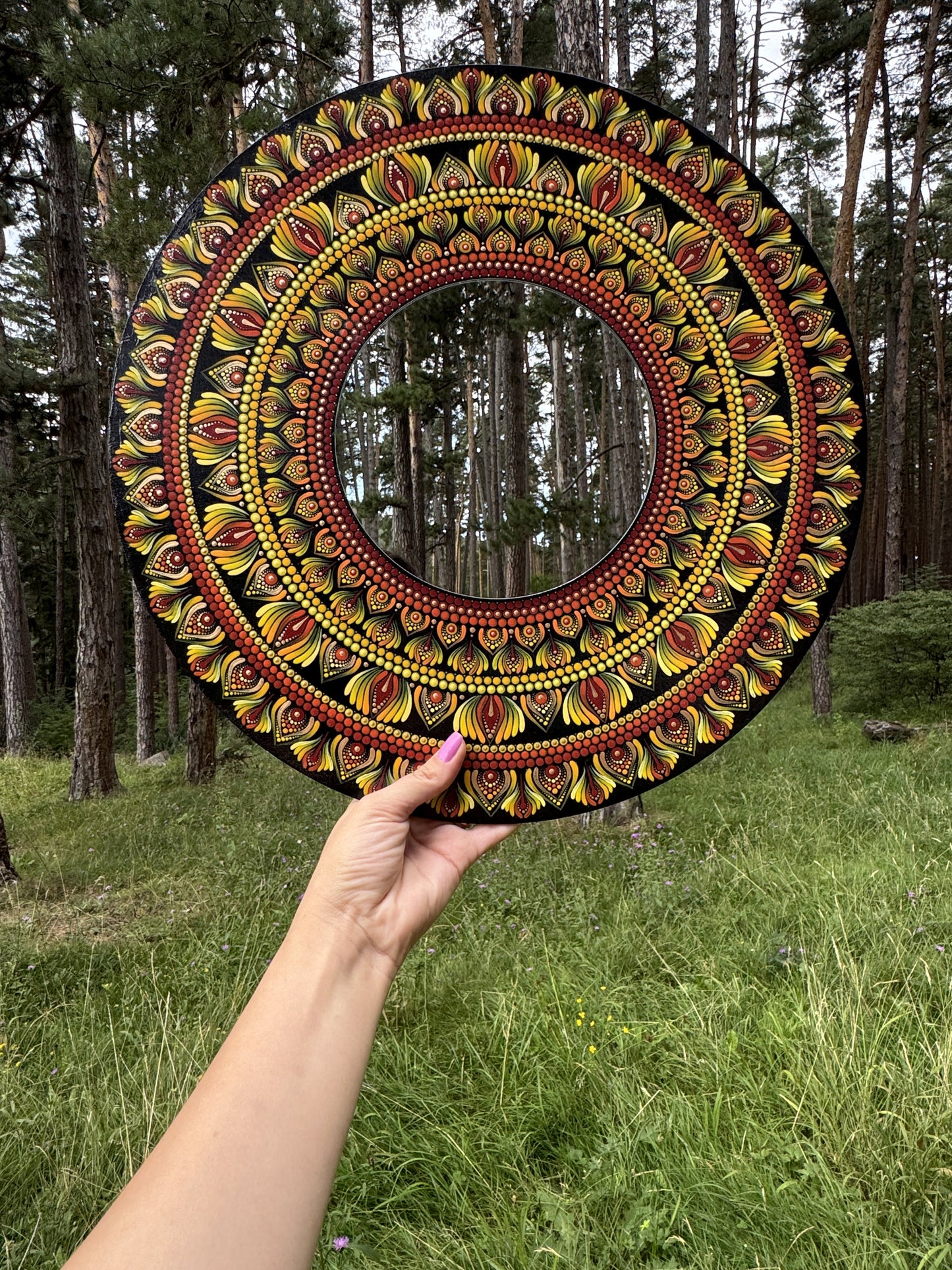 Solar Reflection | Hand-Painted Mandala with Central Mirror